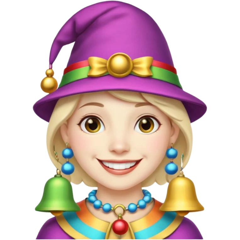 Royal Jester – Smiling trickster with colorful hat and bells emoji