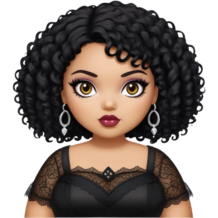 pretty bratz girl, fat pluz size body, black curly short hair, brown eyes, black eyeliner, black skin, gothic lace clothes emoji