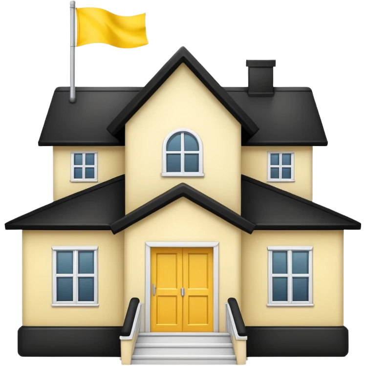 simple school, white background, magic school, black roof, with a big flag, big flag on a roof, big yellow flag, white school emoji