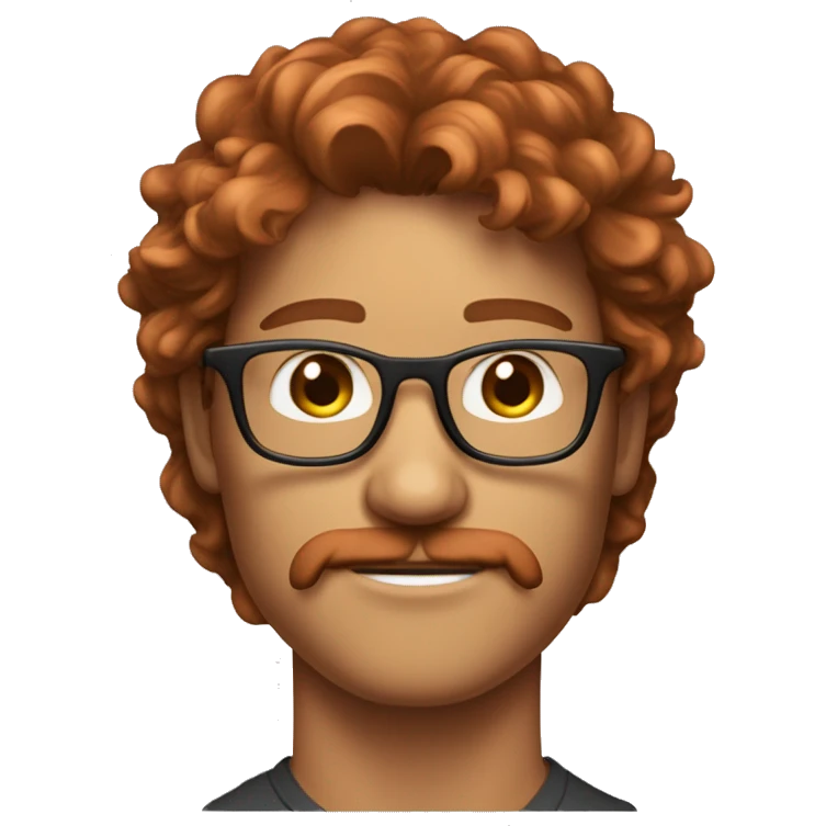 Guy with long copper red brownish hair, glasses and jawline kinda tan with mustache and glasses and a y2k street fit  emoji