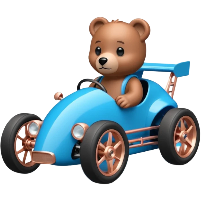 dar crystal blue and rosegold-accented rc racing car driven by a small cute Freddy bear with rear spoiler, safety cage, and wheely bar emoji