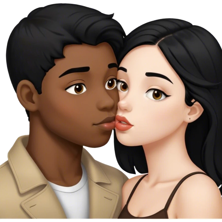 Black boy kissing white girl with black hair emoji