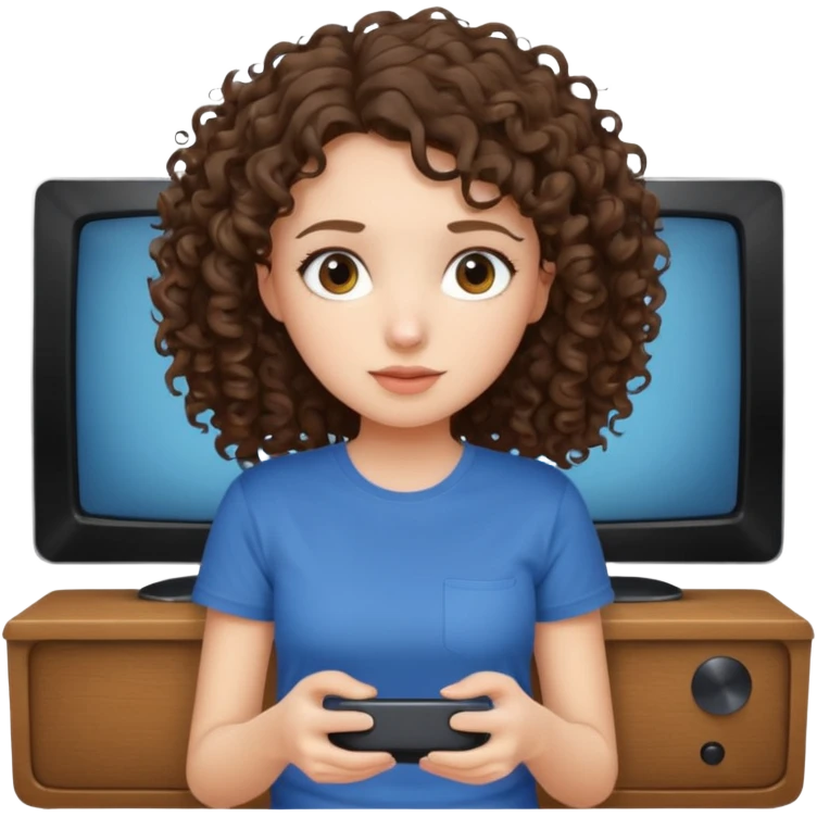 A girl, brunette with curly hair down to her shoulders, watching TV.  emoji