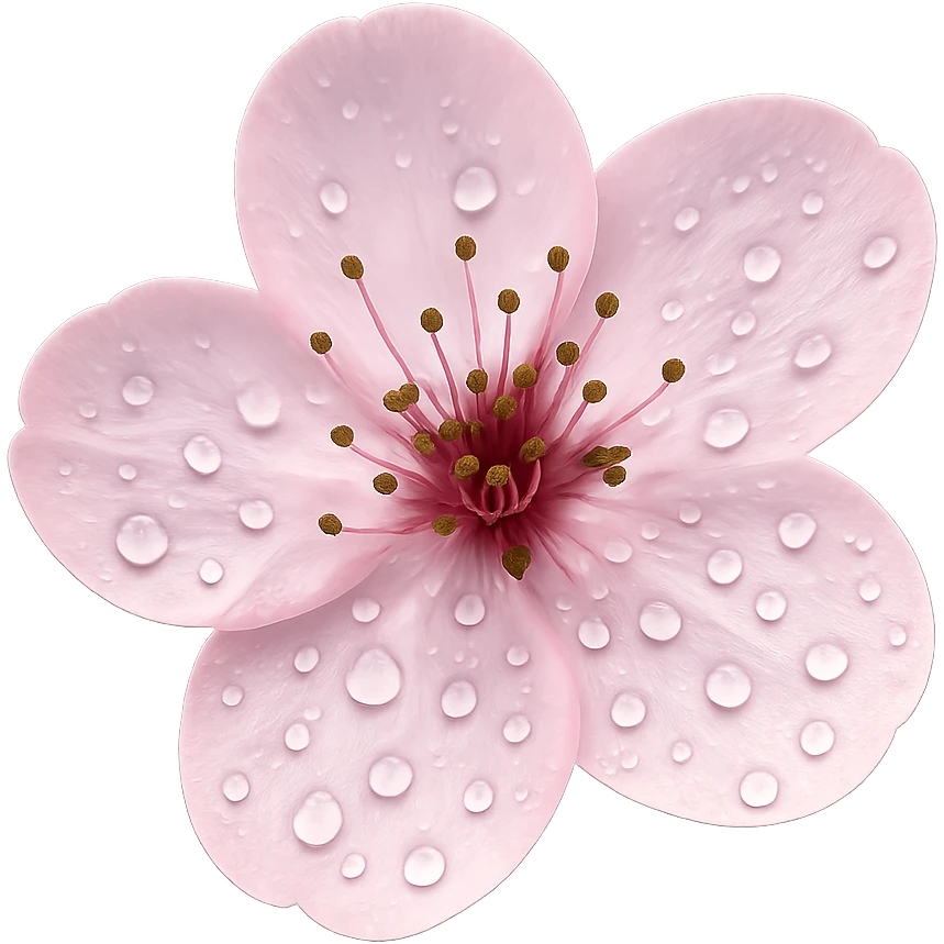 pink cherry blossom with dew drops, no background emoji