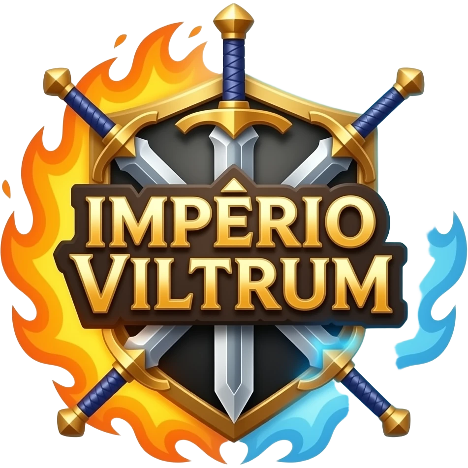 logo para guilda de rpg escrito IMPÉRIO VILTRUM com espadas de magia, ao redor da logo com fogo e gelo emoji