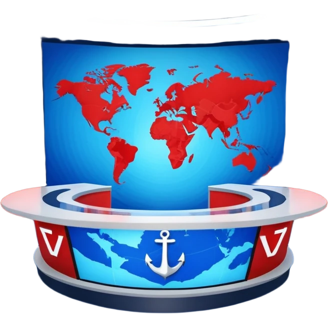 Professional news TV studio interior, modern anchor desk in center, large curved LED screen wall behind presenter, abstract global map graphics, blue dominant colors with red accents, symmetrical composition, broadcast-quality lighting, realistic 3D studio render emoji