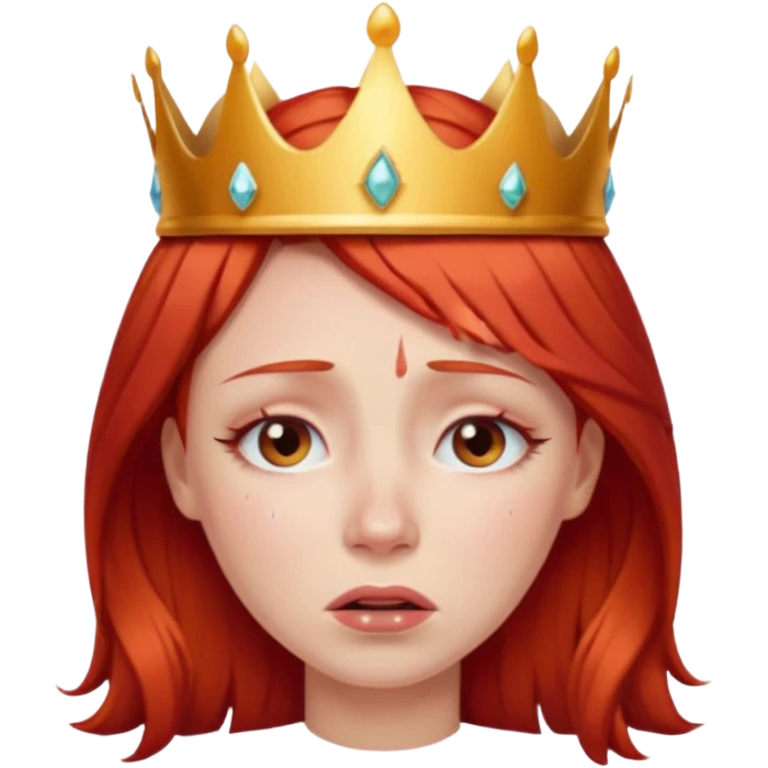 Beautiful lady crying tears can see shoulders red hair and crown on her head emoji