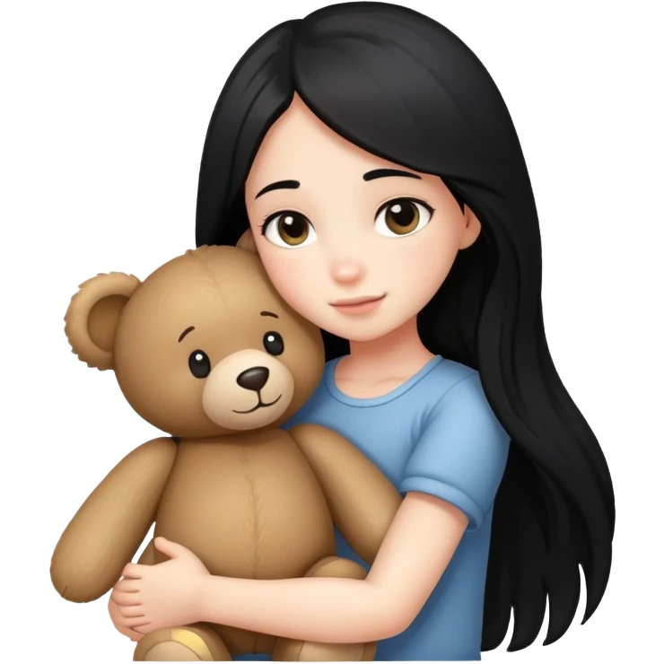 girl , black long hair, hug, teddy emoji