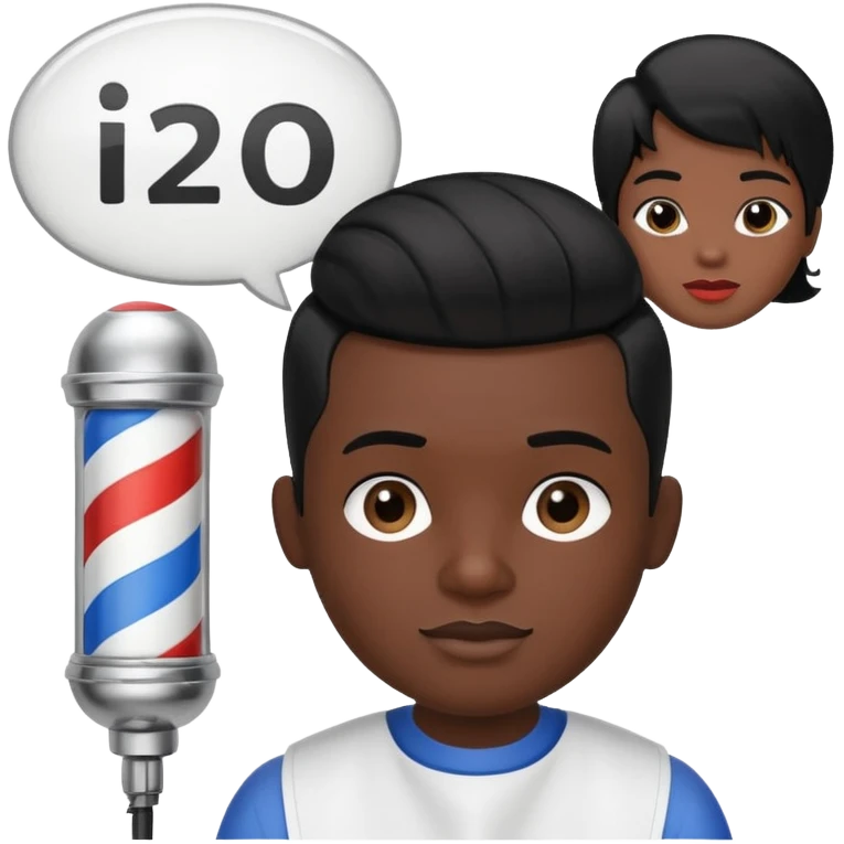 virtual assistant in a barber shop, with a speech bubble and barber pole emoji
