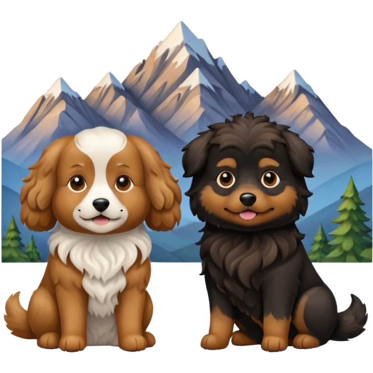 two dogs with wavy hair, one black and one brown with mountains emoji