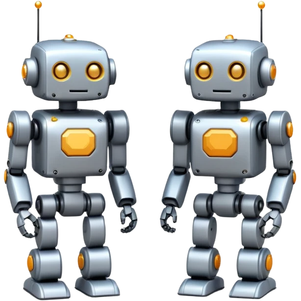 Two cute mini pixel-art robots standing side by side, slightly leaning toward each other in a friendly pose, shoulder to shoulder, soft friendly f pixels between robots, cinematic space backfi atmosphere, volumetric lighting, soft bloom effect, high detail, ultra clean render, centered  emoji