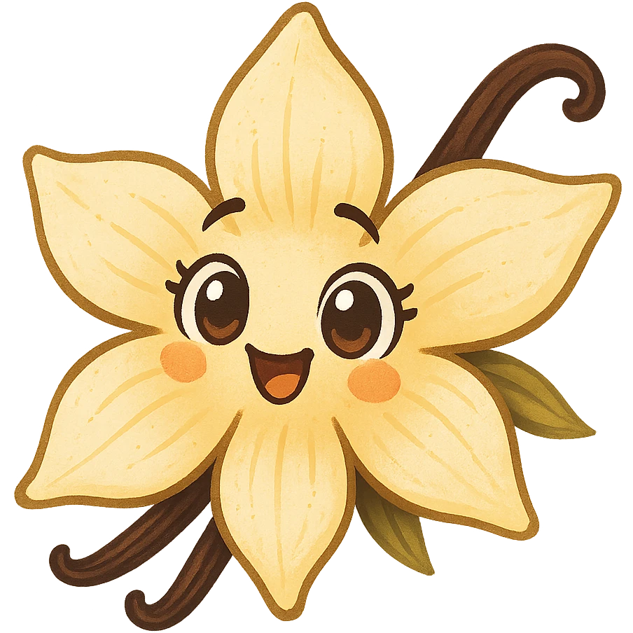 stylized vanilla flower with doe eyes, joyful atmosphere, transparent background emoji