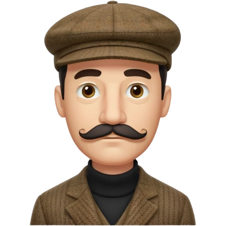 three quarter head profile huge mustache big sideburns sport coat black turtleneck tweed flat cap, squinting eyes trying to puzzle out emoji