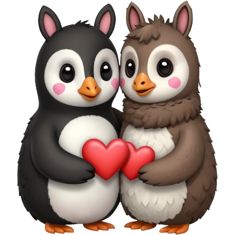 Penguin and llama hugging with hearts  emoji