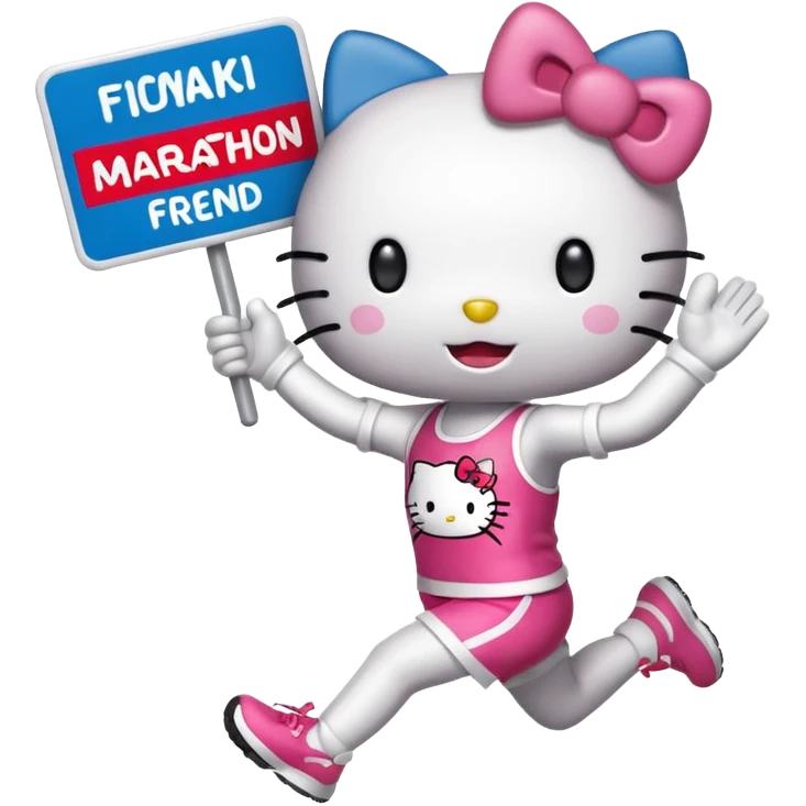 hello kitty cheering on a friend running the marathon, where she is holding a marathon sign. make sure the fae looks exactly like hello kitty - give her eyes and a nose but no mouth emoji