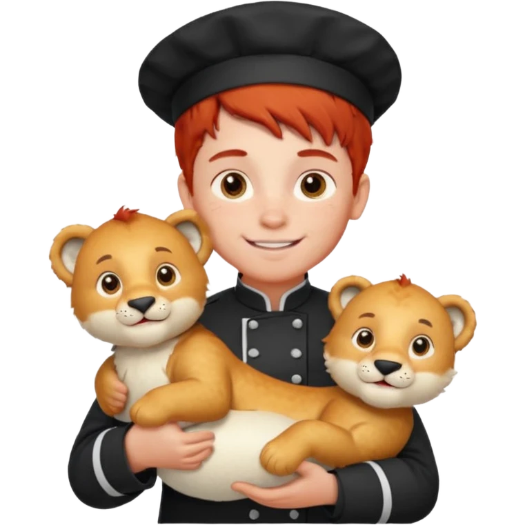 boy kid italian chef, red haired, uniform, holding plush polar lion emoji