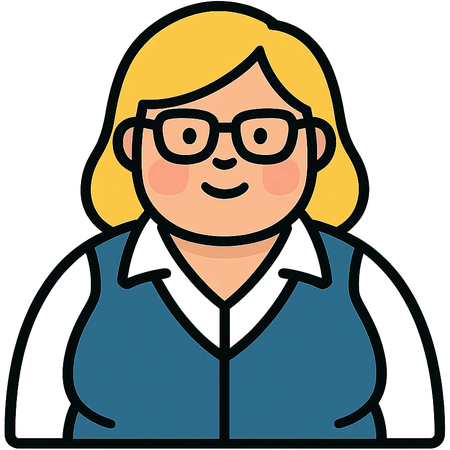 Plus size blonde woman with glasses wearing a vest, professional look emoji