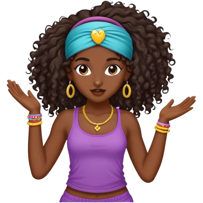 Dancing dark brown girl with long darn brown curly hair with headband hip hop emoji