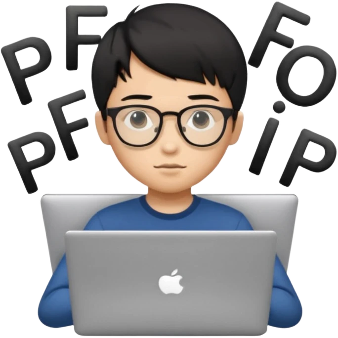 A young boy DEVELOPER WITH A laptop, black straight short hair, wearing glasses, he is asian

Add the letters "PIF" floating around him emoji