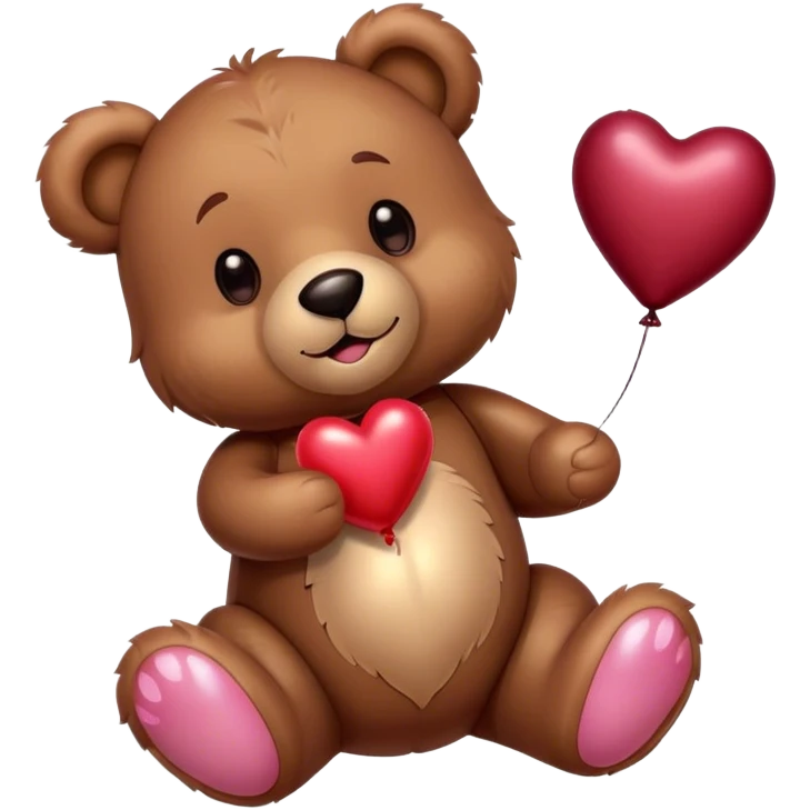 Adorable Plush brown teddy bear holding an inflatable metallic maroon heart-shaped balloon in his paw  emoji