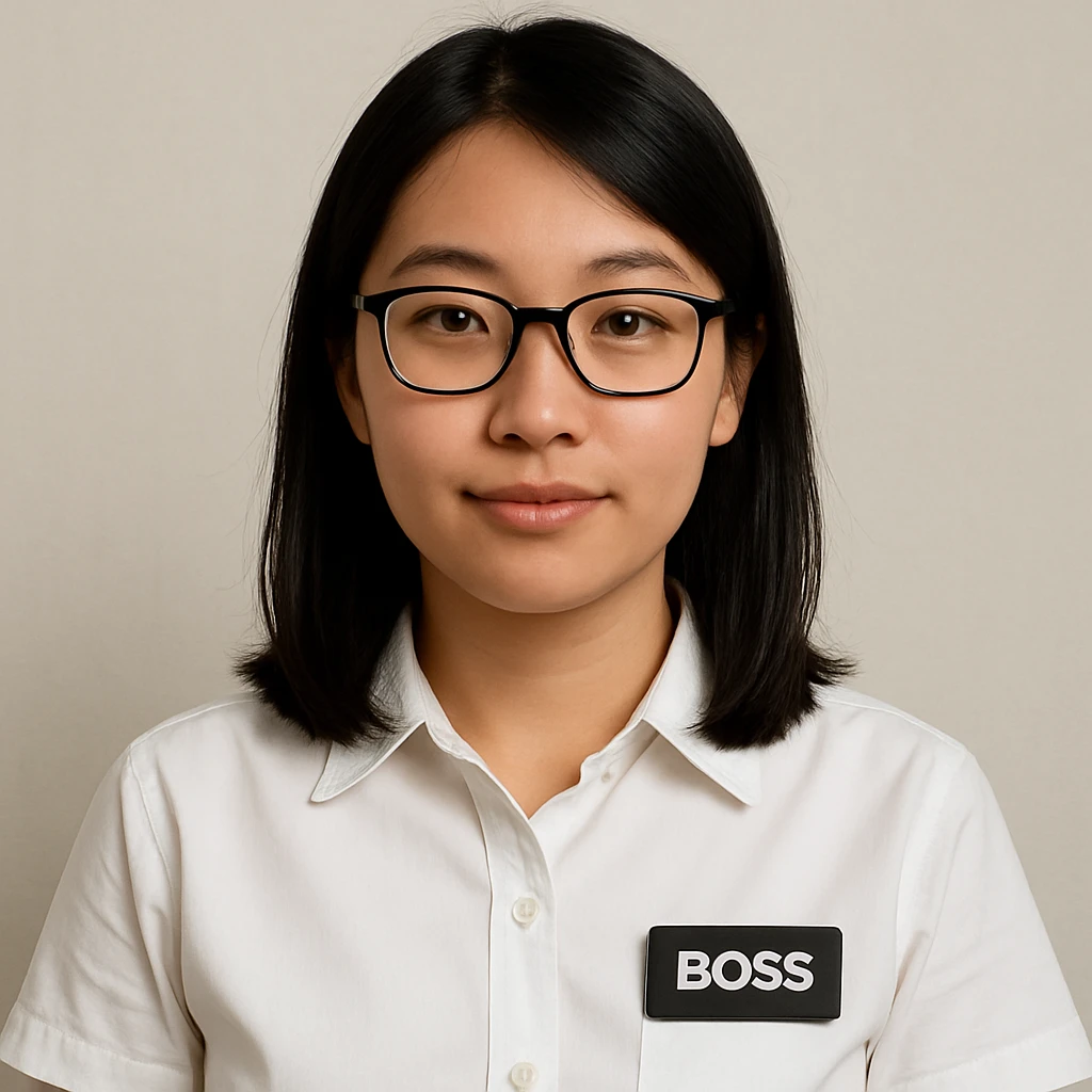 Asian girl wearing glasses, white shirt with a visible boss's work tag, neutral background, clean and simple style emoji