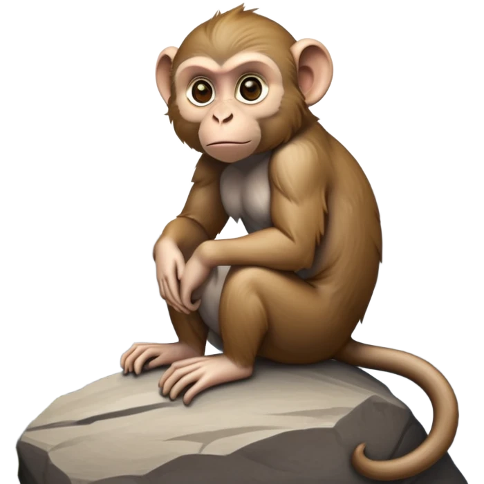 cinematic-elegant macaque-realistic-full-body-sitting-emoji,-compact-muscular-frame-poised-on-a-rocky-outcrop,-short-curled-tail-resting-behind,-head-tilted-dramatically,-thick-dense-fur-in-warm-shades-of-brown-and-grey,-expressive-eyes-filled-with emoji