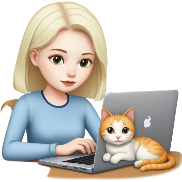 A girl is working on a laptop with a cat lying next to it emoji