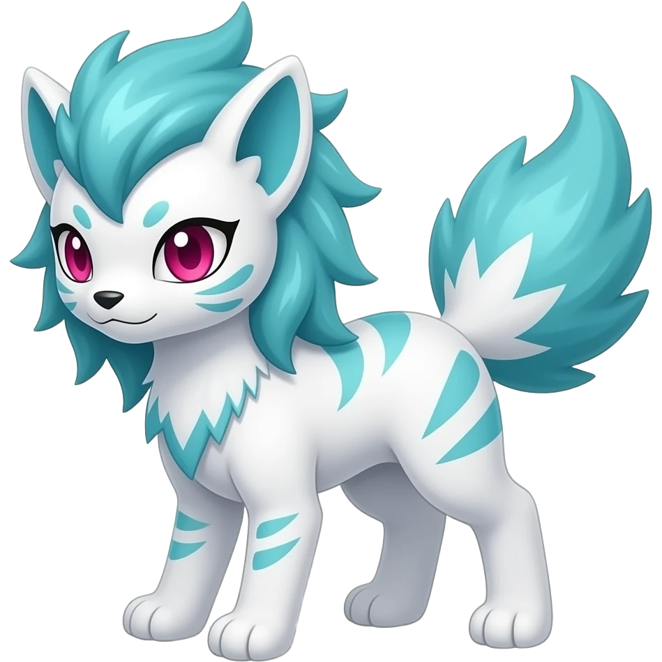 White elegant beautiful natural cute badass epic anthro modern albino sergal-vernid-Fakémon with cyan mane and magenta eyes with cyan edgy stripes, anthropomorphic, two-legged, digitigrade, full body emoji