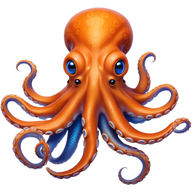 Cinematic Realistic Noble Octopus Portrait Emoji, Poised and majestic, with a sinuous, flowing body in vivid orange accented by intricately detailed blue rings, and intelligent, penetrating eyes that reflect ancient ocean lore; rendered with lifelike texture and natural iridescence, high shine, intelligent and formidable, styled with an aura of mystical marine power, focused and attentive, soft glowing outline, capturing the essence of a watchful and confident octopus that appears ready to glide out of the screen with timeless authority! emoji