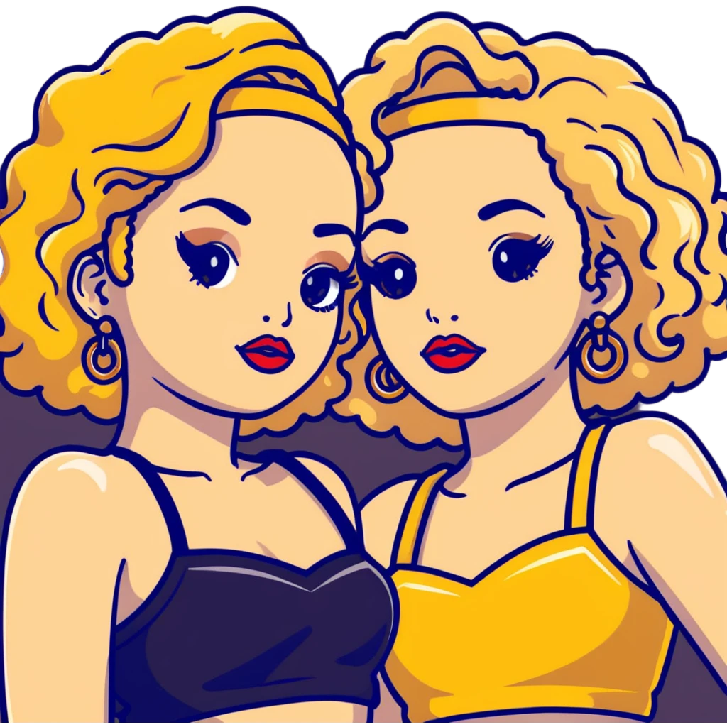 Two teenage girls together, one blonde and one with curly brown hair, both with heavy makeup, big lips, crop tops, gold jewelry and flashy choni style outfits emoji