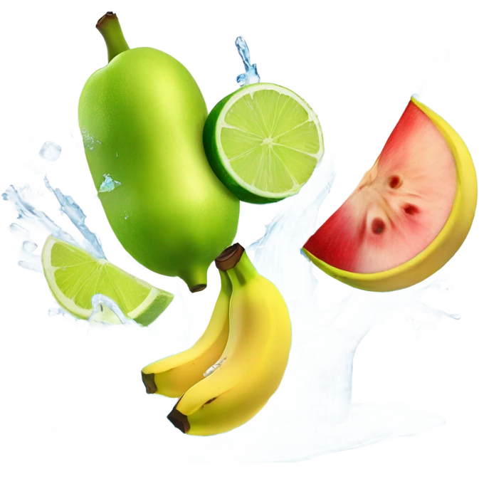 BANANA APPLE LEMON AND LIME WITH ICE CUBES water splash emoji