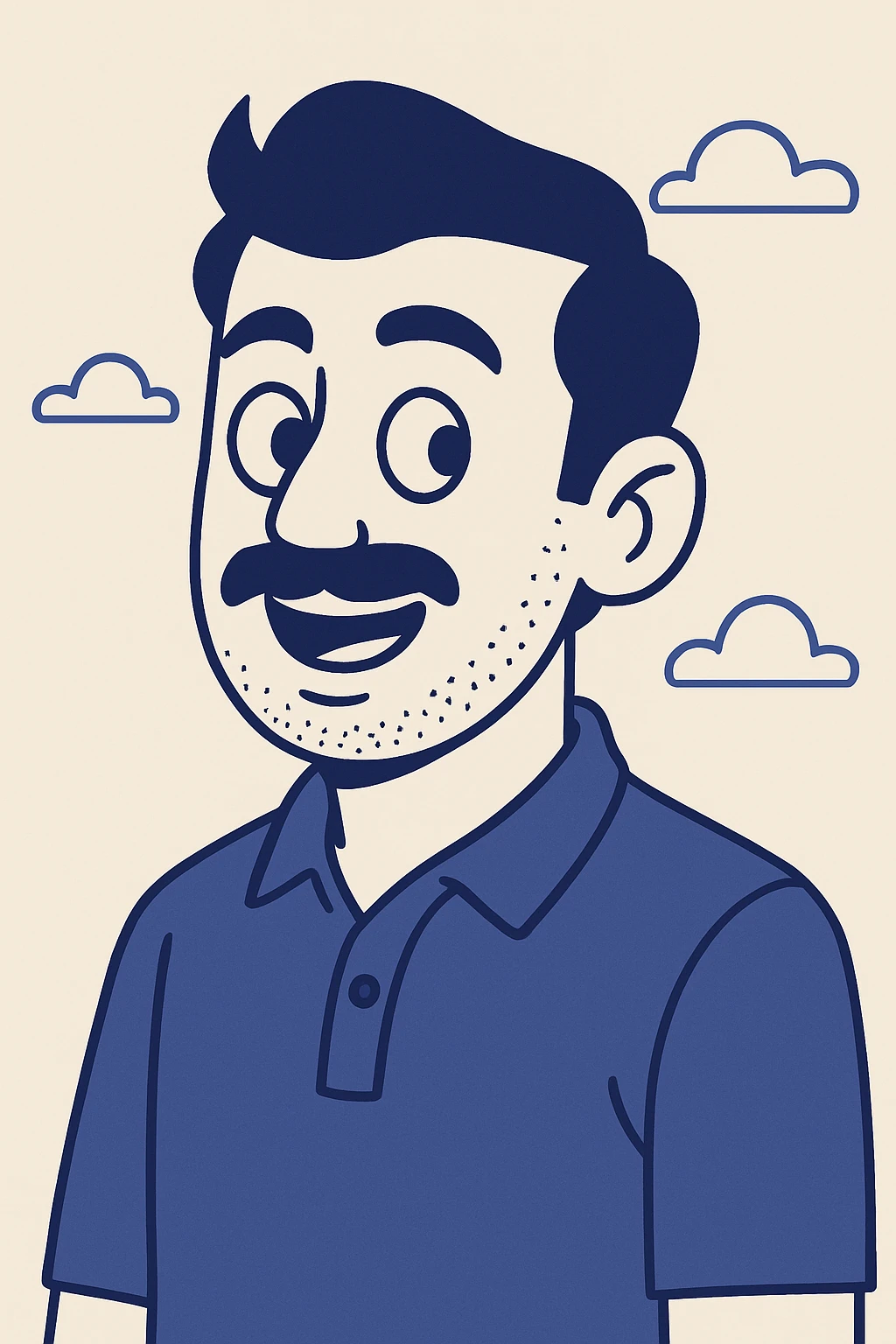 Add a shaped, slight stubble beard to the smiling, curious Indian young man with a moustache, keeping the flat cartoon style. emoji