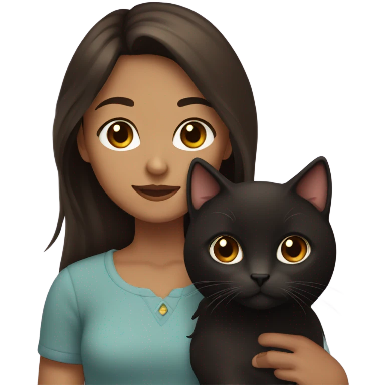 girl with dark brown hair and brown eyes, holding her brown and black cat. the cat has very long hair emoji