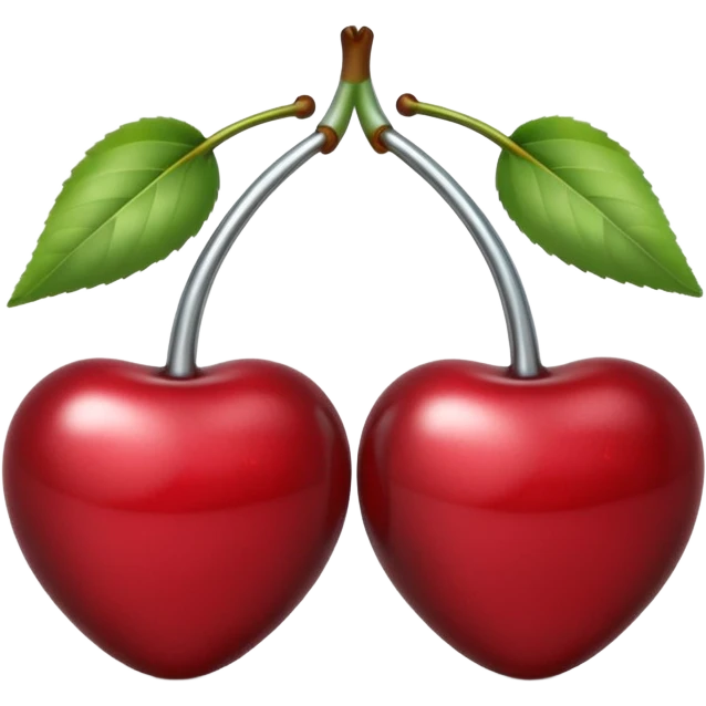 A pair of cherries emoji made of polished silver chrome, smooth rounded shapes, glossy metallic finish, soft highlights and reflections, cute proportions, iOS emoji style, centered, clean white background, no text emoji