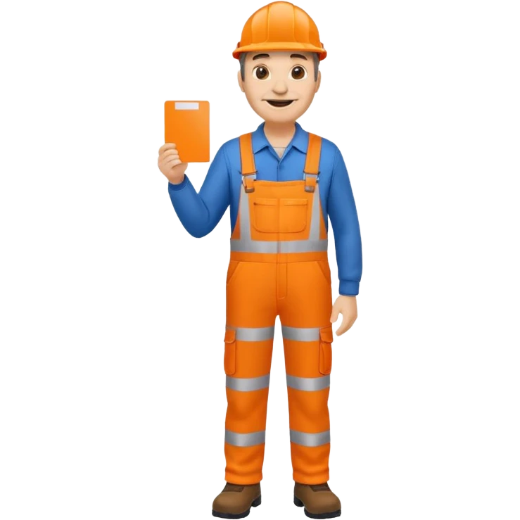 mature engineer hi-vis orange overalls standing full body holding a card emoji