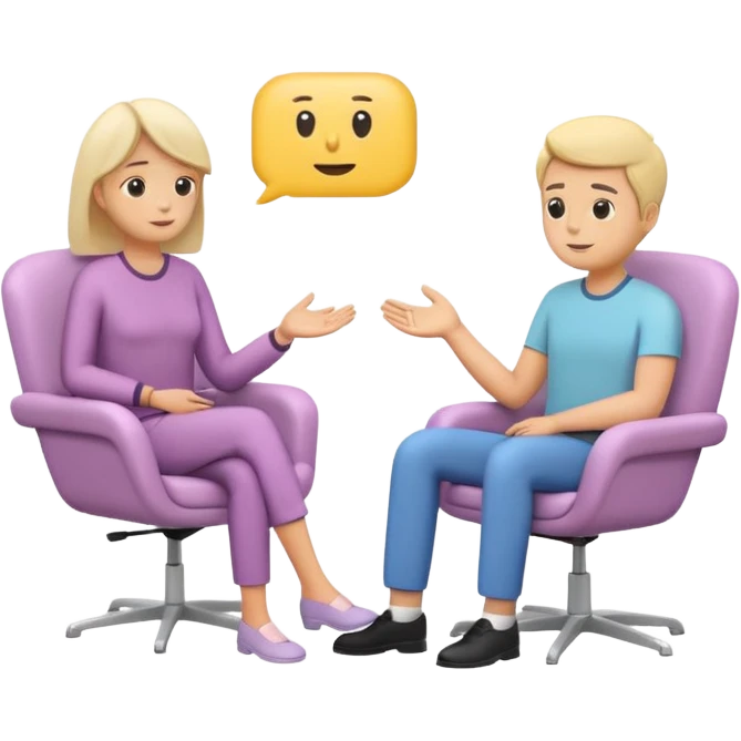 simplified human character sitting in a chair talking calmly with a psychologist, therapist listening attentively, safe and supportive atmosphere, mental health session, flat custom emoji sticker, pastel colors, rounded shapes, minimal details, thick outline, white background, no text emoji