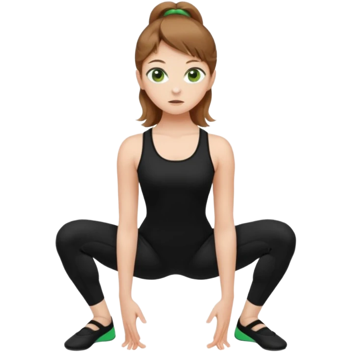 Beautiful woman with light brown shoulder length hair popping a squat without any weights. Make her with a little lighter, brown hair and green eyes. Make her fair skinned and wearing a black workout suit. make her wearing black ballet flats. emoji