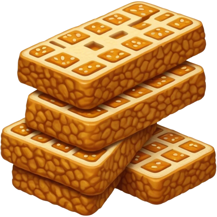 Tempeh Cinematic Realistic Tempeh Dish Emoji, depicted as crispy, sliced portions of fermented soy cake with a golden-brown finish, rendered with detailed textures and warm, inviting lighting. emoji