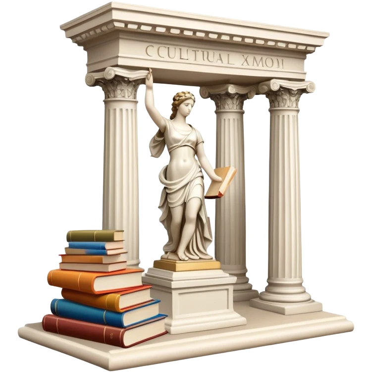 An icon featuring a paint palette, a sculpture, and a book, symbolizing the study of culture and art. The design includes a classical column and a canvas, representing art history and cultural exploration. Transparent background highlights the connection between creativity and history. emoji