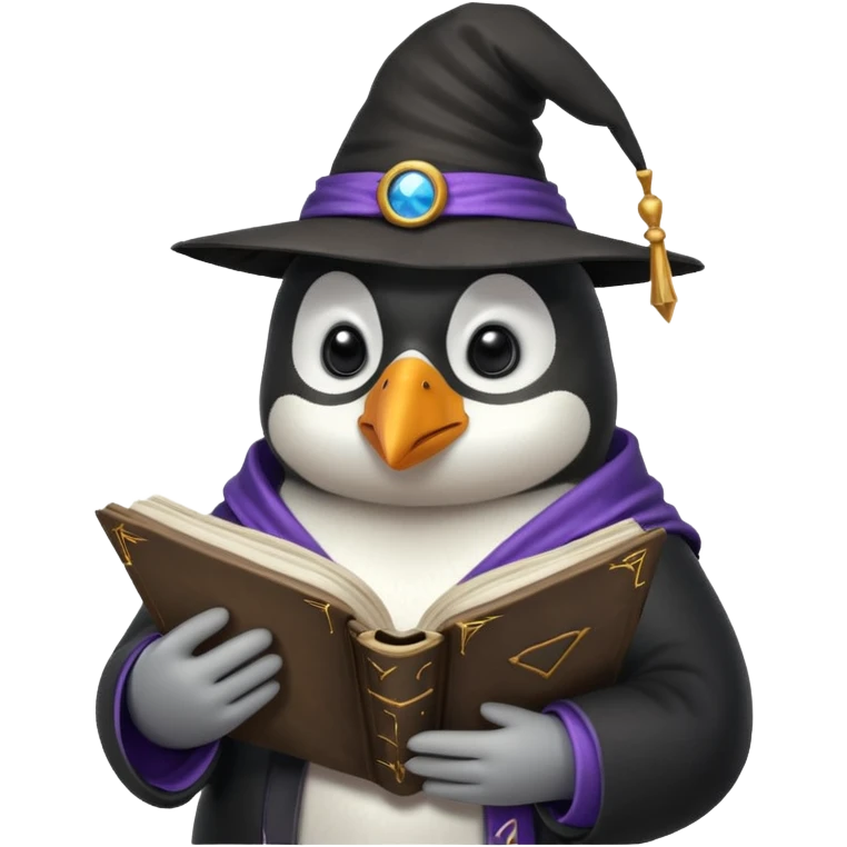 penguin wizard reading a spellbook emoji