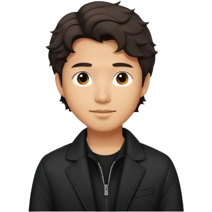 Asian guy wavy hair, dressed cool in black jacket, demure but with a smirk  emoji