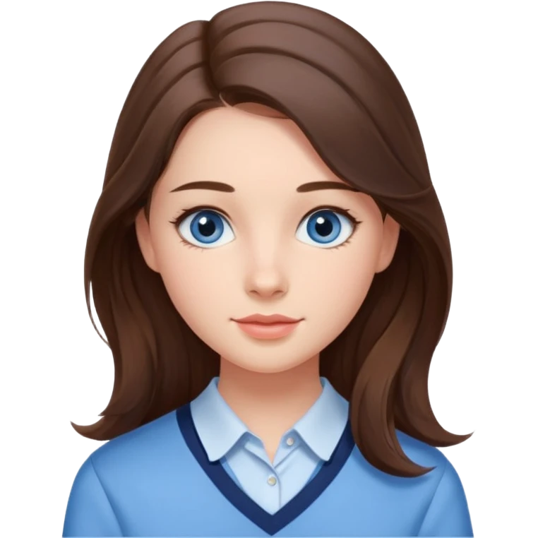 Realistic Student Portrait, with porcelain-like skin featuring a natural rosy flush, iHer Brunette Half-Up Style for Straight  hair flows in soft, Her deep blue eyes radiate warmth and innocence,  wear light blue preppy style. emoji