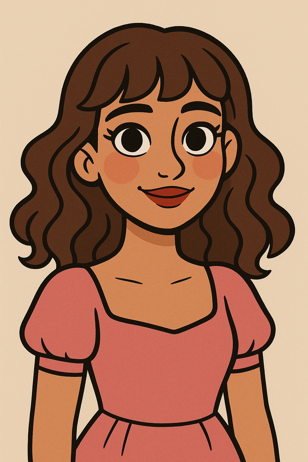 A pretty girl with medium skin, rosy cheeks, big dark hazel eyes, long lashes, wavy brown hair with bangs, soft nose, natural red lips, feminine features, in a pink dress, in a gentle cartoon style. emoji