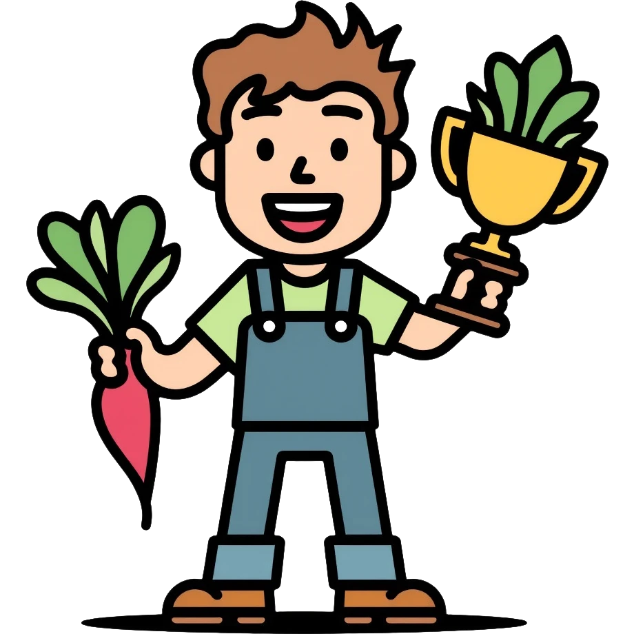 Happy gardener with trophy and prize vegetables emoji