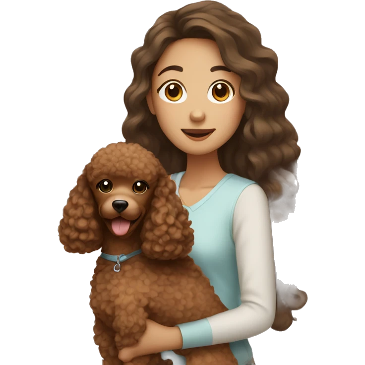 Asian girl with long curly hair holding a brown poodle emoji