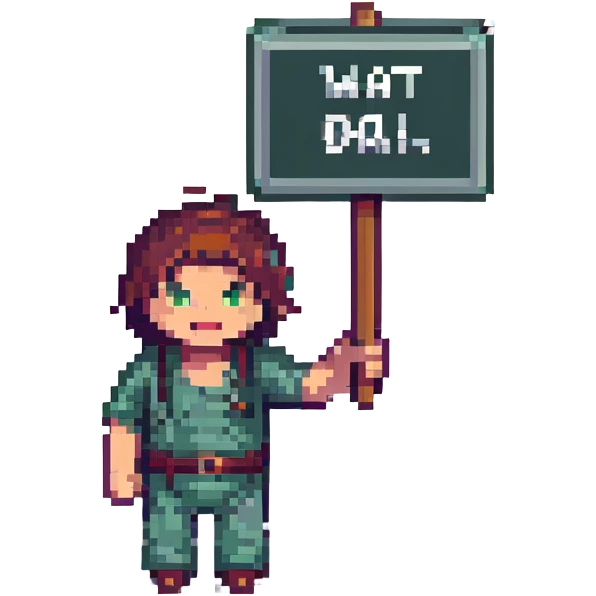 astounded man holding a sign that says 'wat da', pixel art style emoji