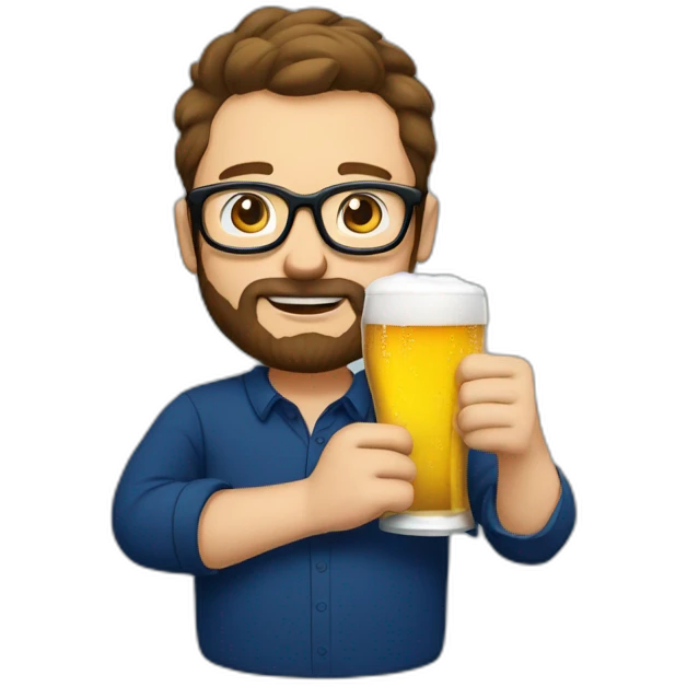 a-man-with-short-brown-hair-and-beard-and-round-black-glasses,-wearing-a-dark-blue-shirt-drinking-a-beer emoji