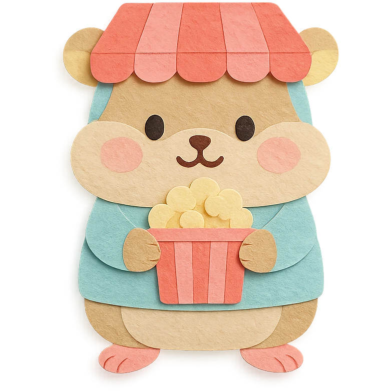 kawaii popcorn machine hamster with puffed cheeks, holding popcorn, soft pastel colors, full-body emoji
