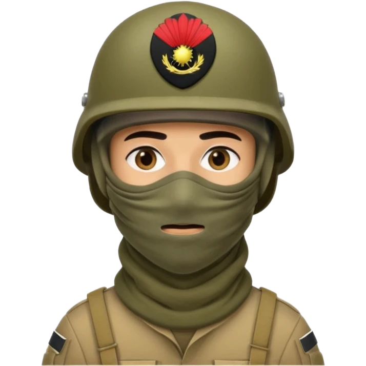 
an Iraqi soldier with a serious face, wearing a helmet and a balaclava covering his mouth emoji