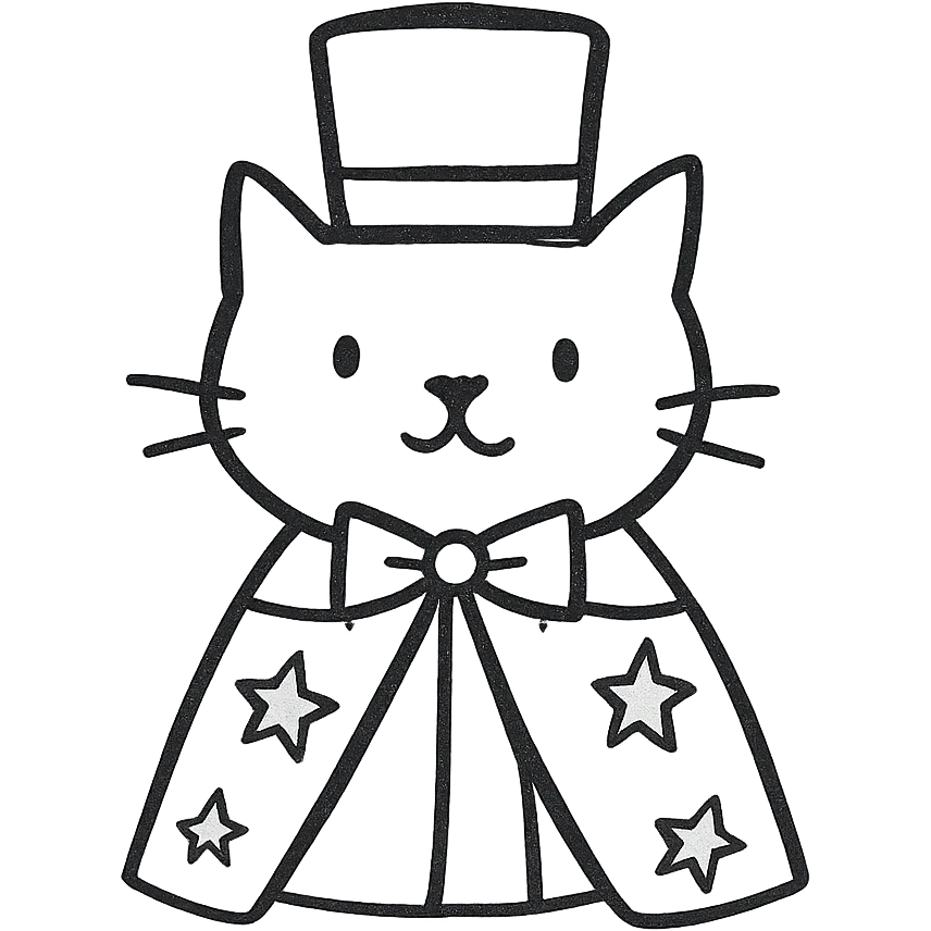 A magician cat in a top hat, a bowtie and a purple cape with stars emoji